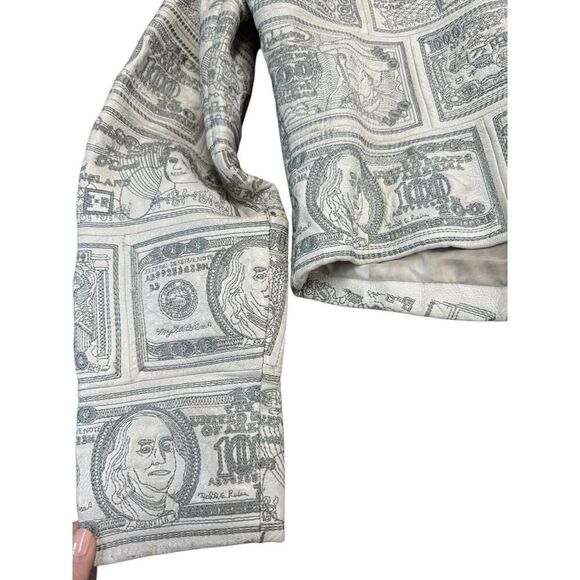 VTG RARE 90s Pelle Moda White Leather Money Print Jacket Sz L Currency $$$ - Picture 11 of 16